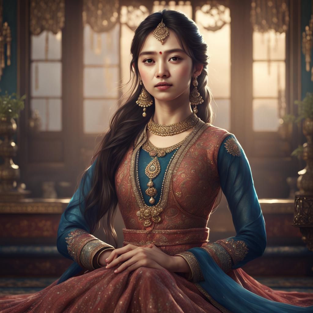 Korean Girl in Indian Dress: Detailed Matte Painting