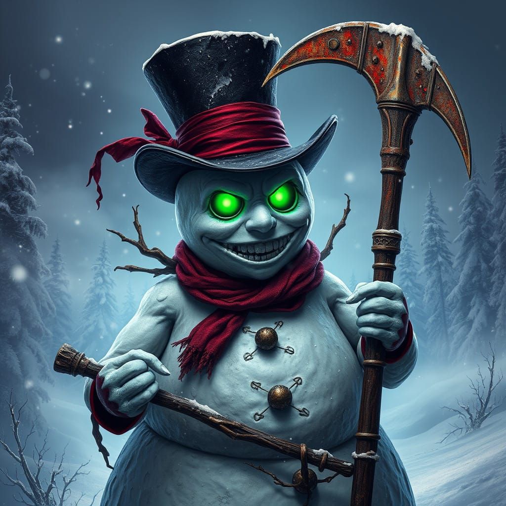 Majestic Dark Fantasy Snowman in Foreboding Winter Wonderlan...