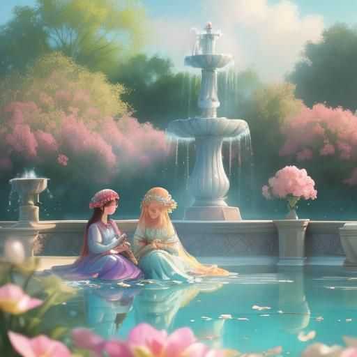 Dreamy Surrealism: Girls in Clouds with Fountain
