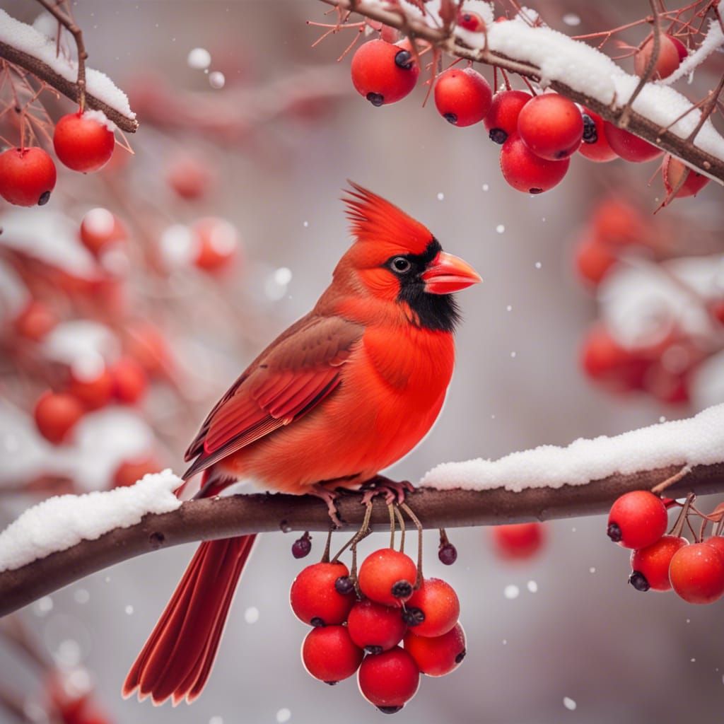 Cardinal Bird on Berry Tree in Winter
