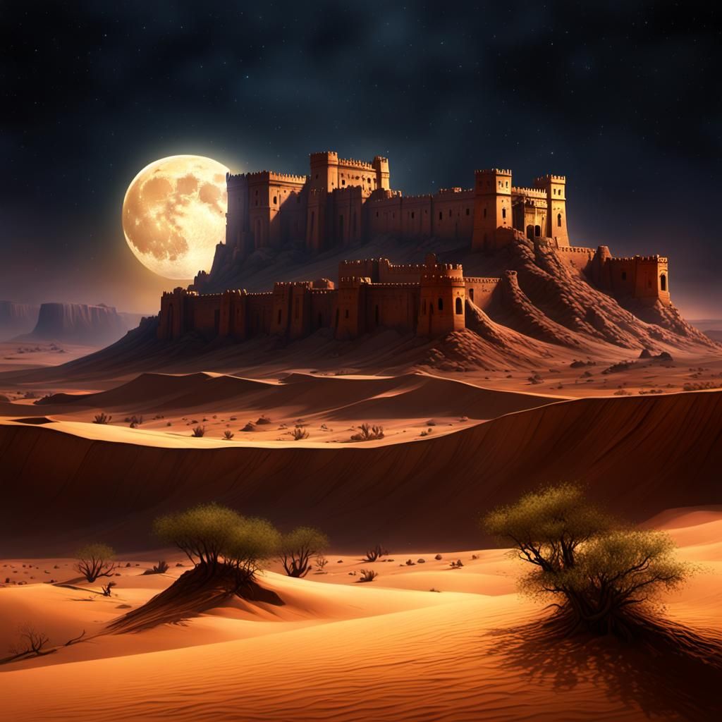 Desert Night: Ruined Fort Under Moonlight