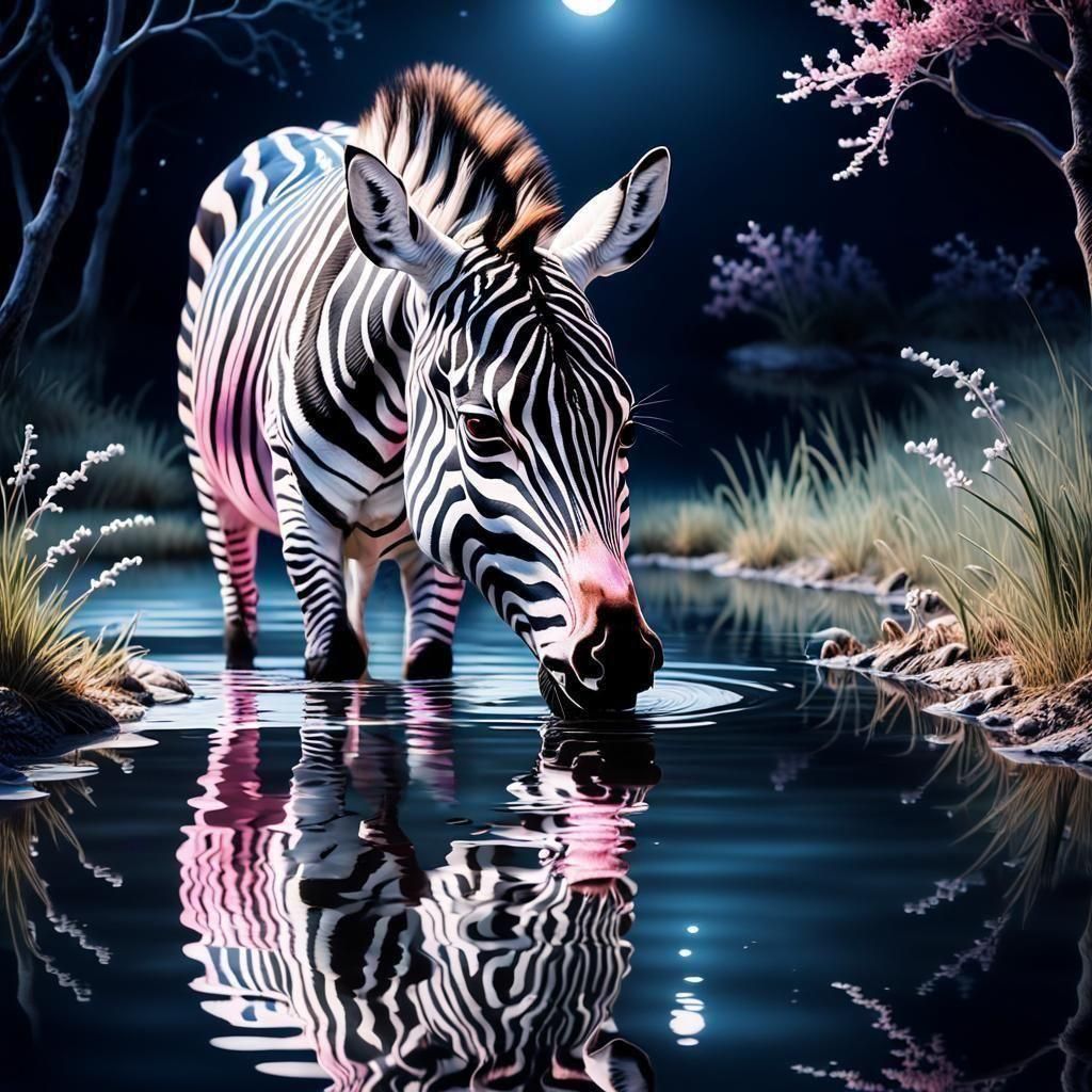 Zebra in Moonlit Pond, Photorealistic Portrait with Buck Ant...