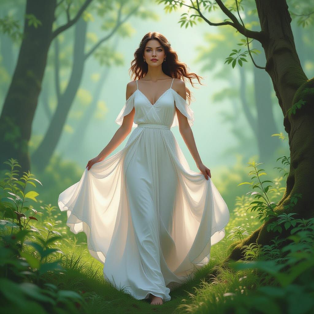 Ethereal Woman in Misty Forest, Art Nouveau Style