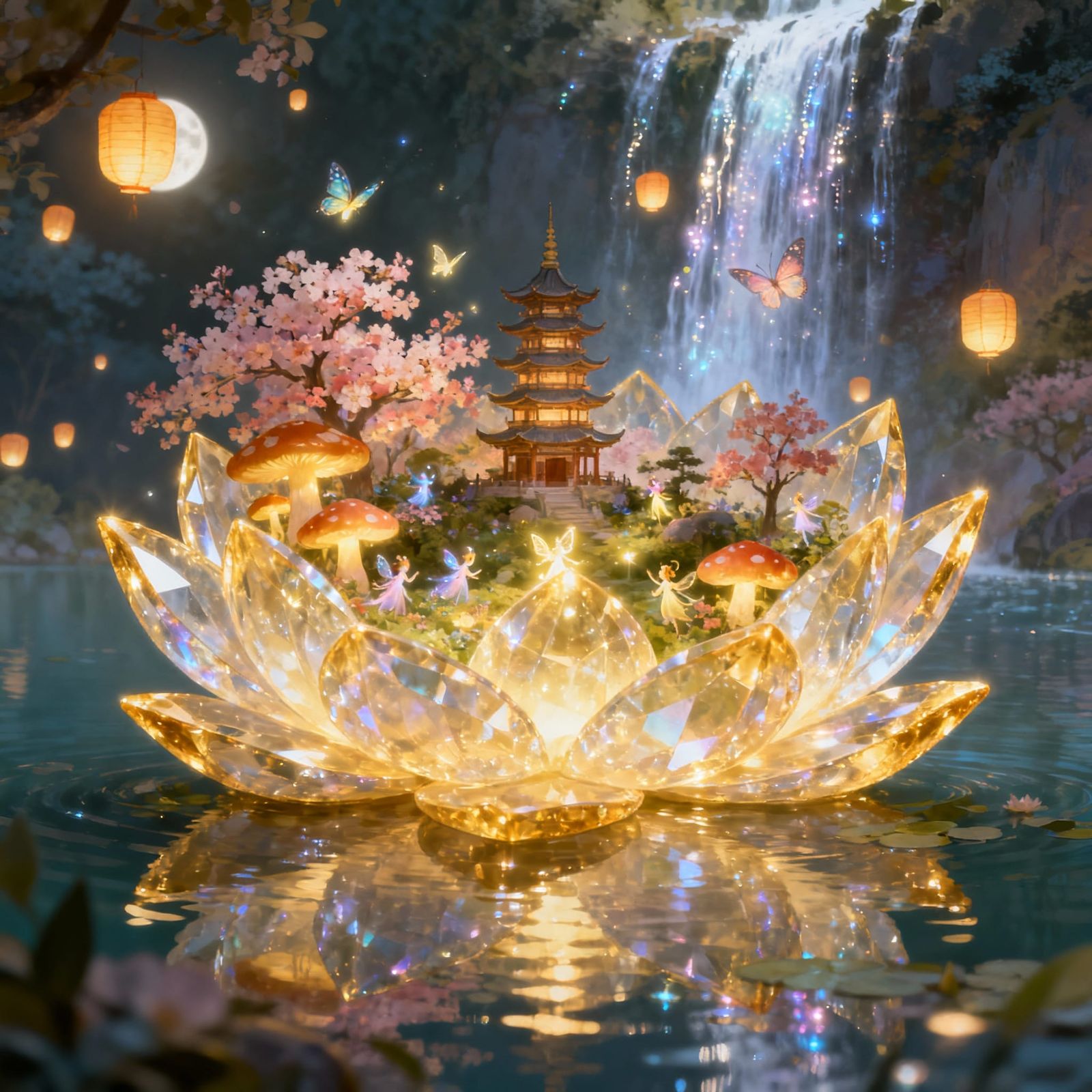 Crystal Lotus Garden with Fairies and Pagoda