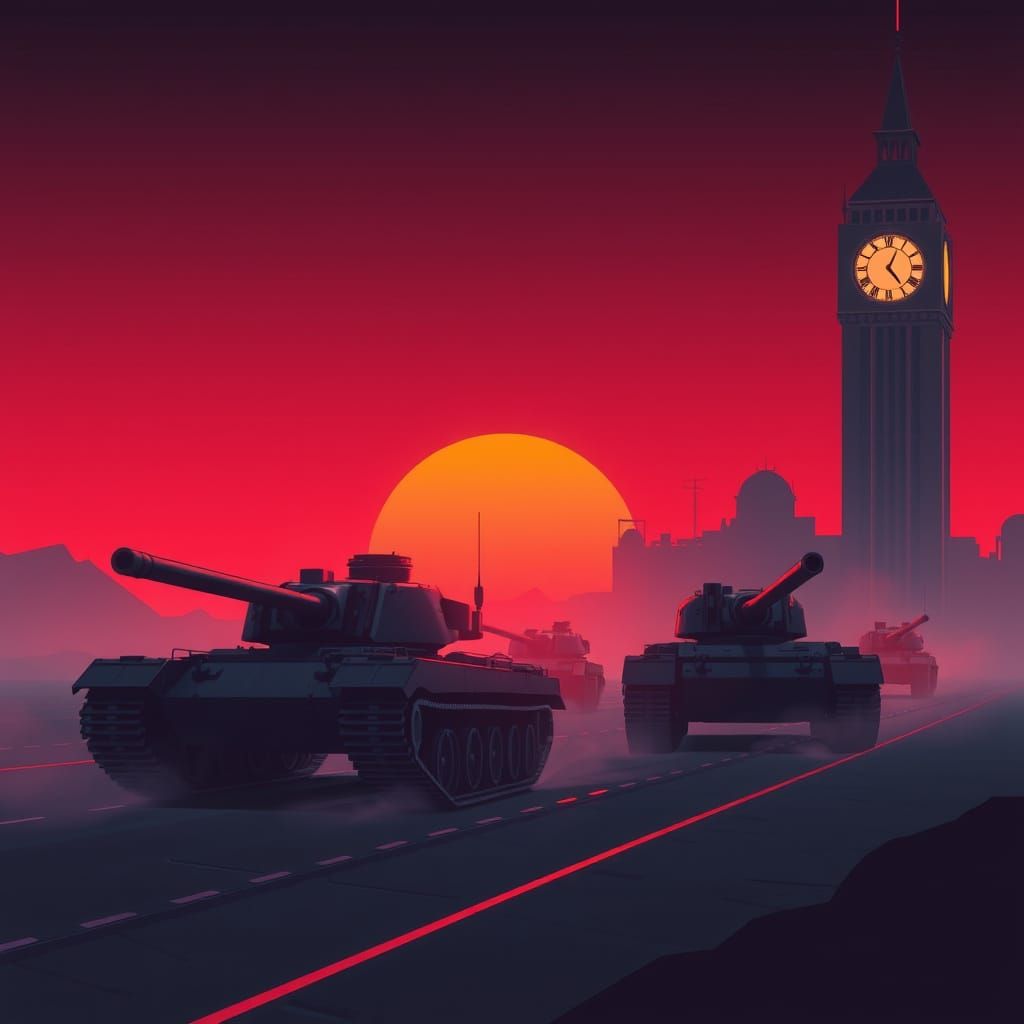 Tanks at Twilight: Futuristic, Atmospheric, Neon-Lit Scene