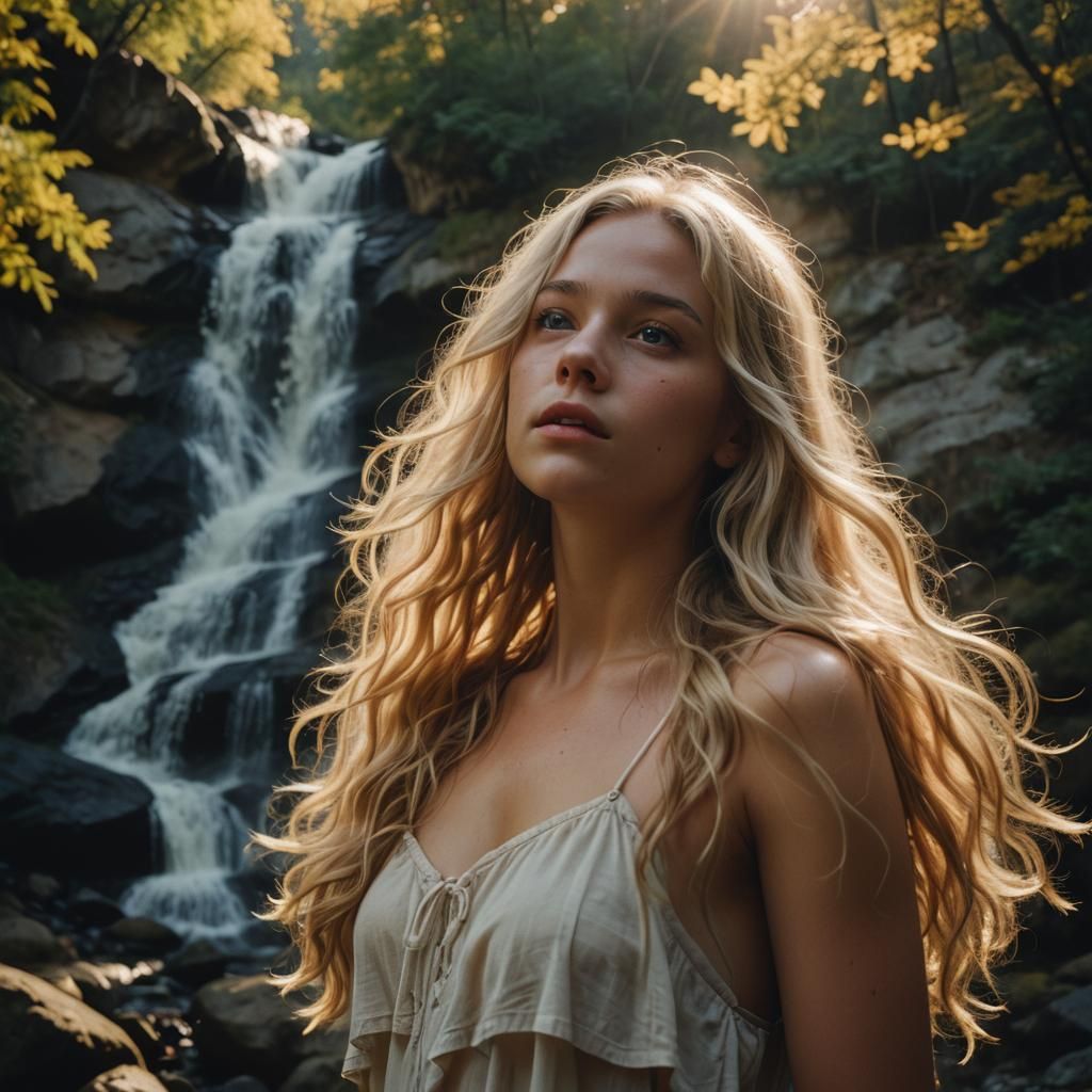 Nude Blonde Under Waterfall in Cinematic Style
