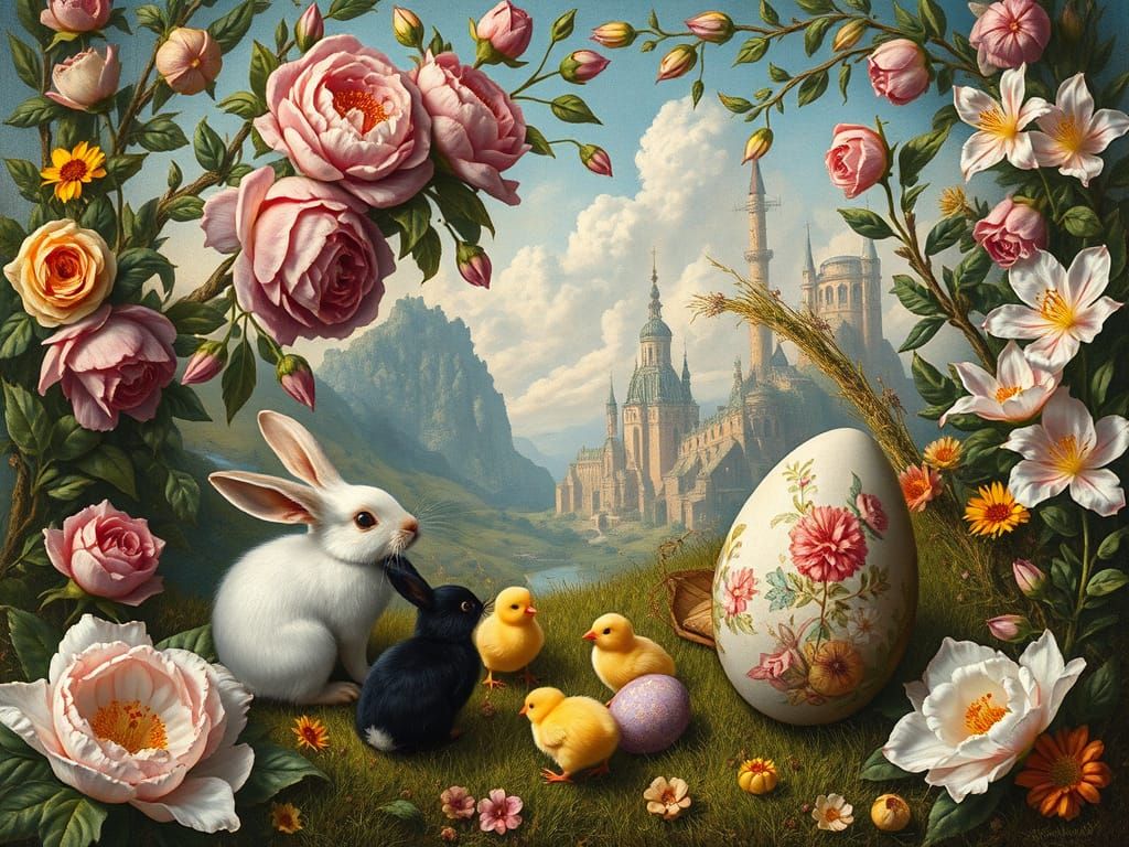Renaissance Landscape with Bunnies and Easter Eggs