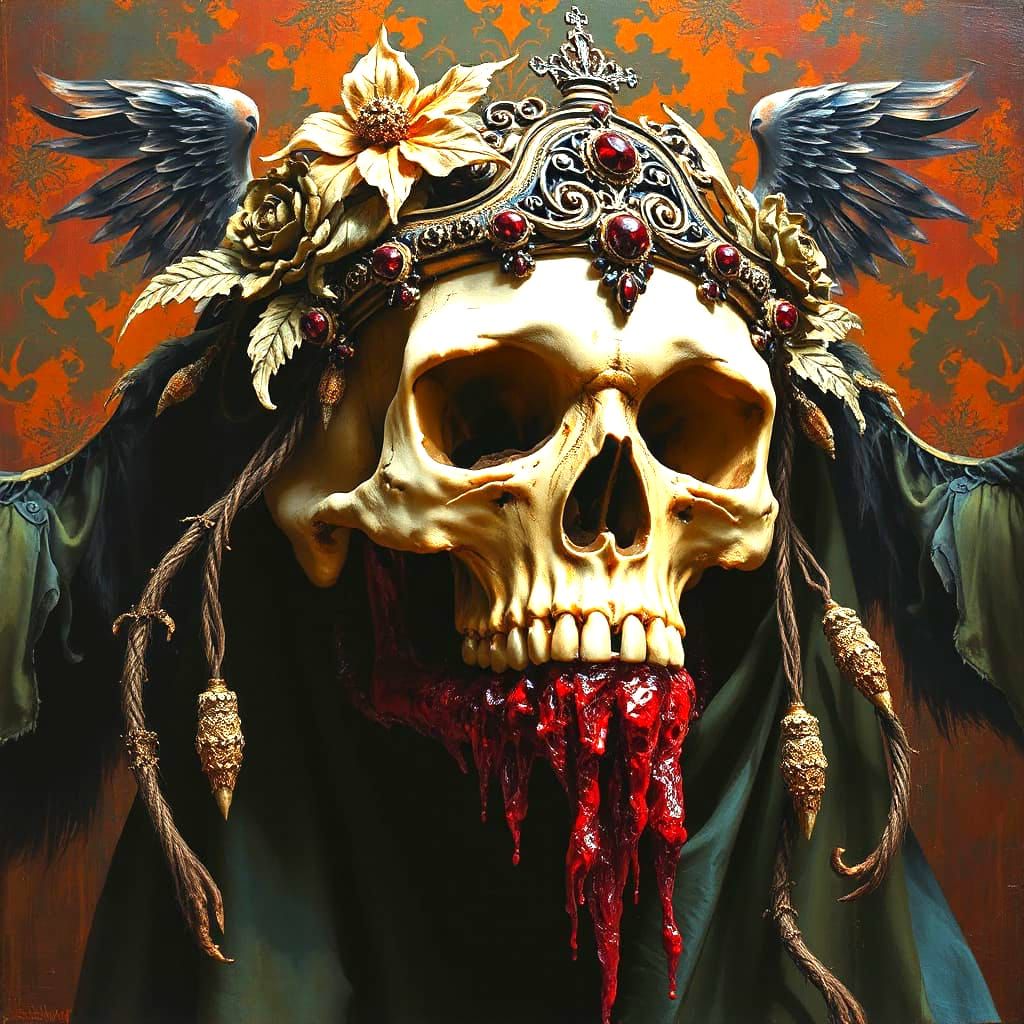 A luxurious, ornate human skull with intricate gothic embell...