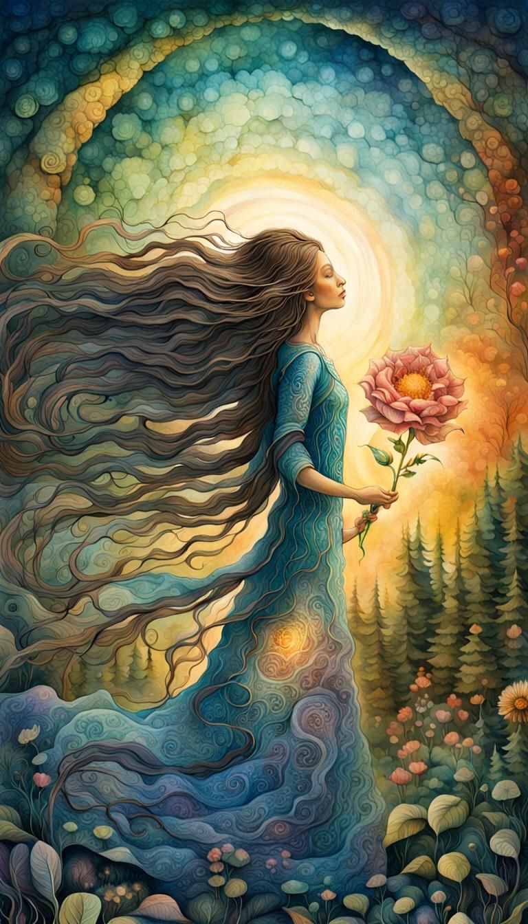 Woman with Flower in Forest: Watercolor Fairytale
