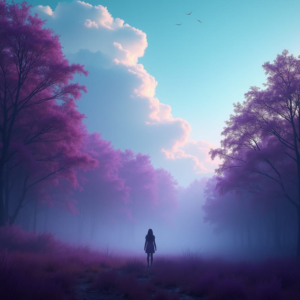 Mystical Figure in Purple Forest Under Teal Sky