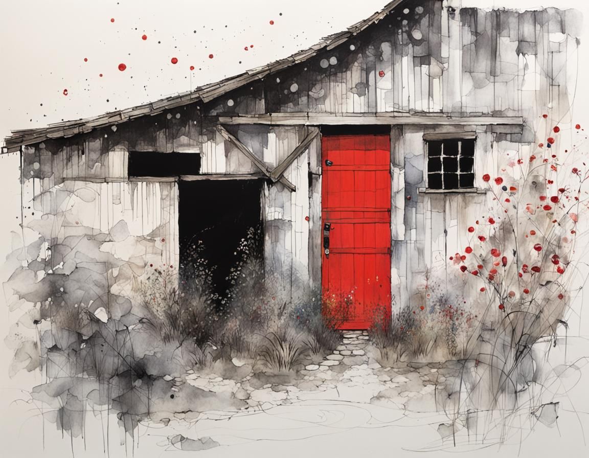 Barn with Red Door in Illustrative Style