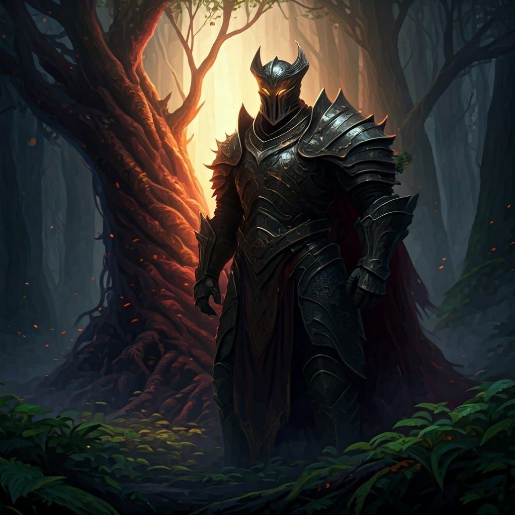 Armored Guardian in Shadow Against Glowing Tree