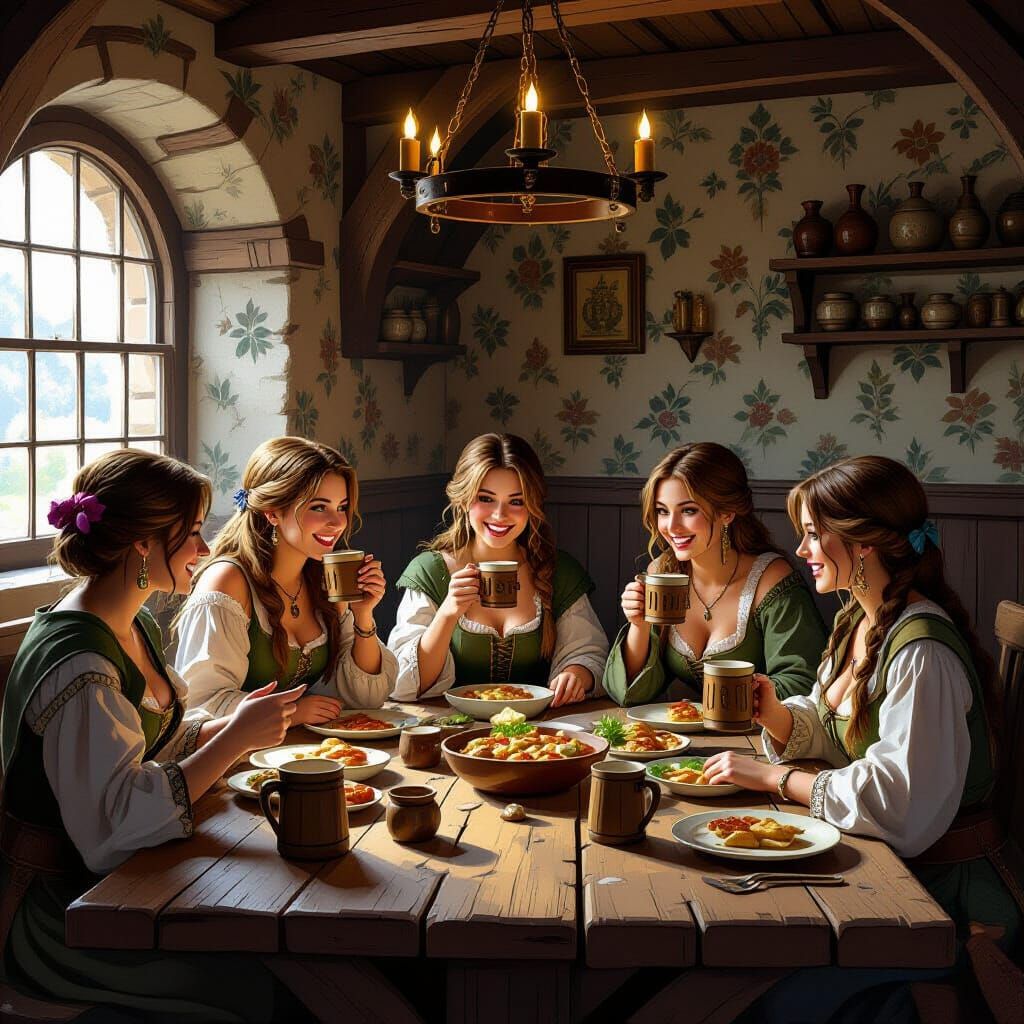 Medieval Tavern Scene: Women Chatting and Dining