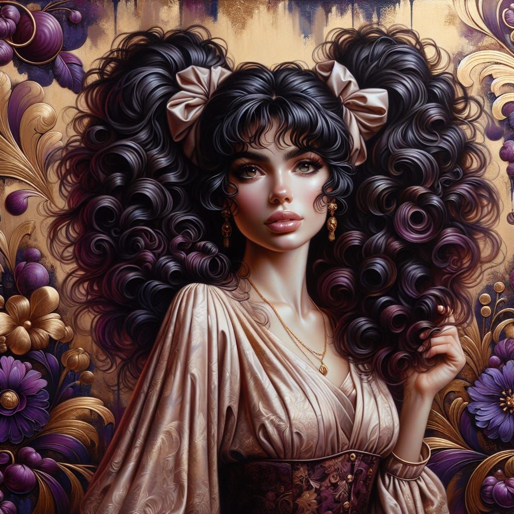 Elegant Woman in Rich, Floral Attire, Depicted in Thick, Glo...