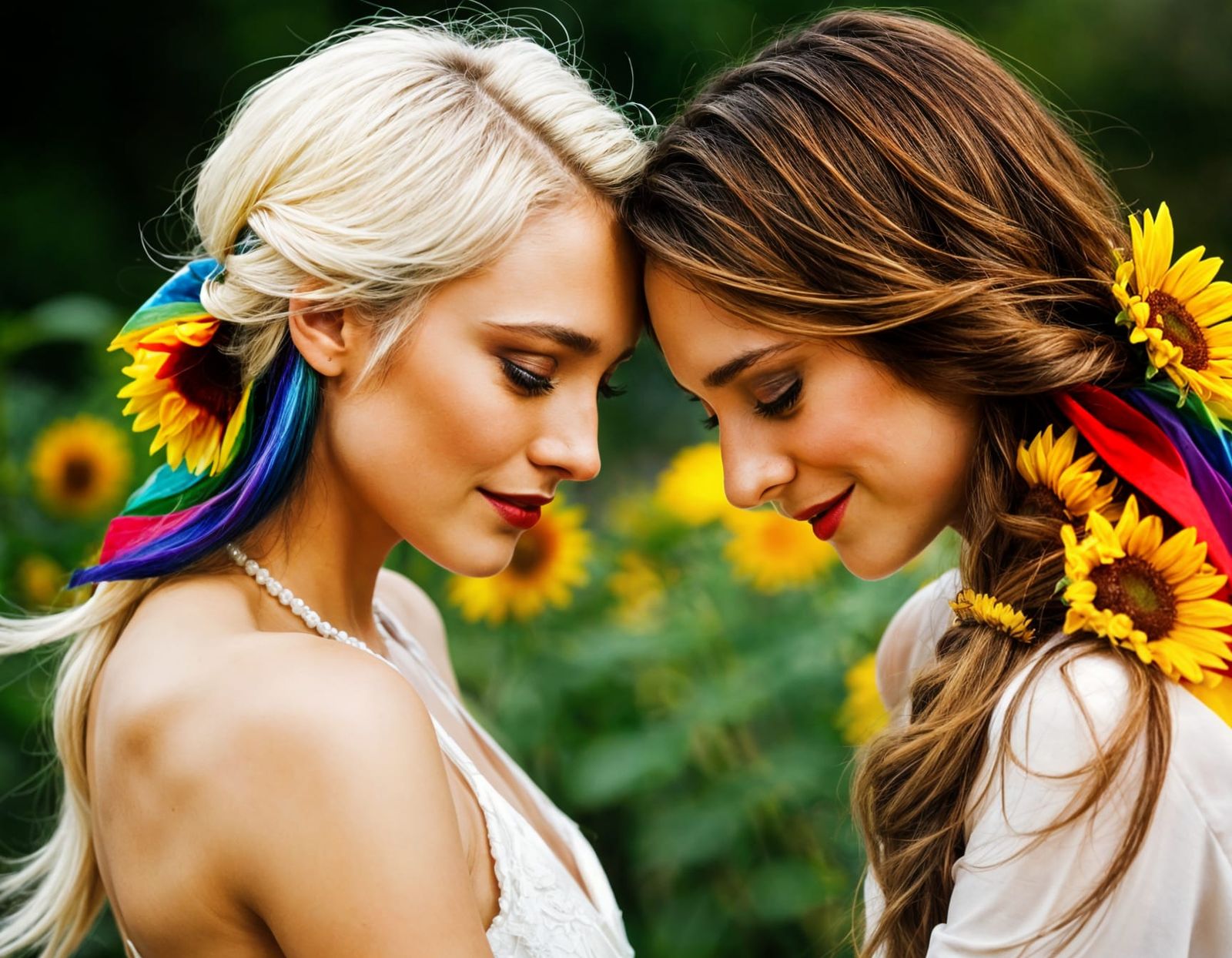 Romantic Embrace: Girls Hugging with Rainbow and Sunflowers