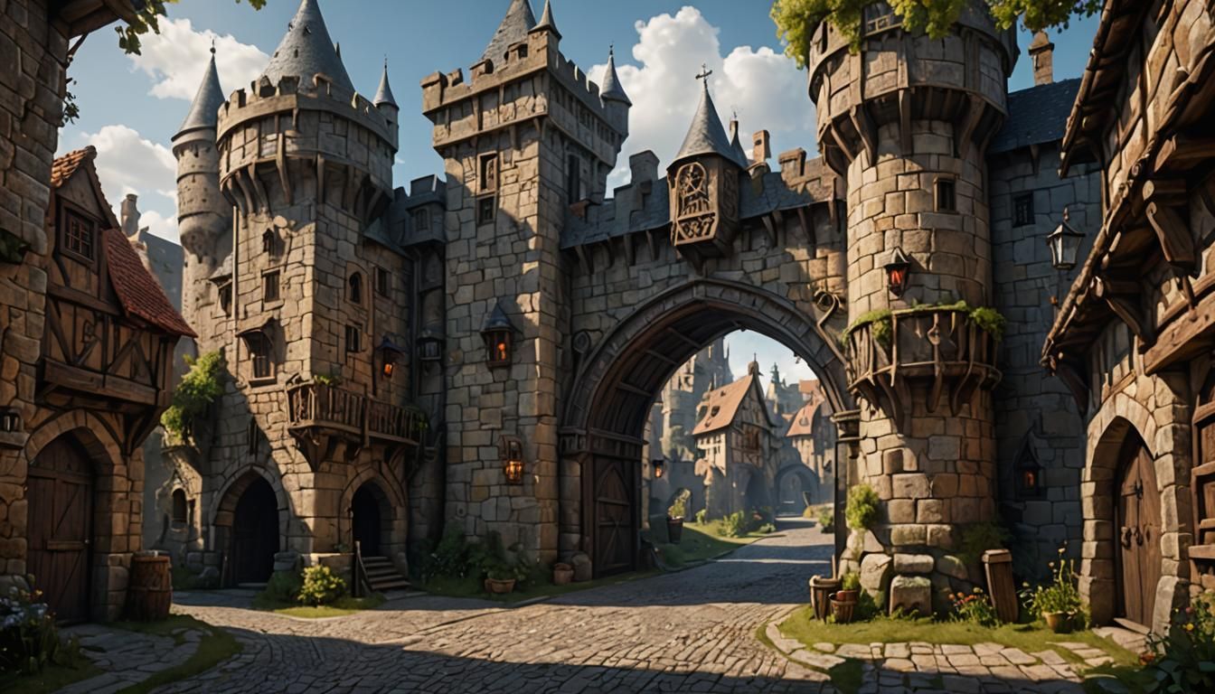 Medieval Town Gate in Detailed Matte Painting Style