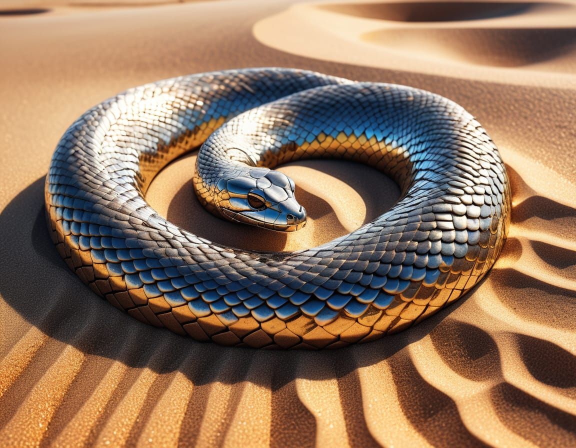 Sleek Chrome Serpent Basks in Desert Sunlight