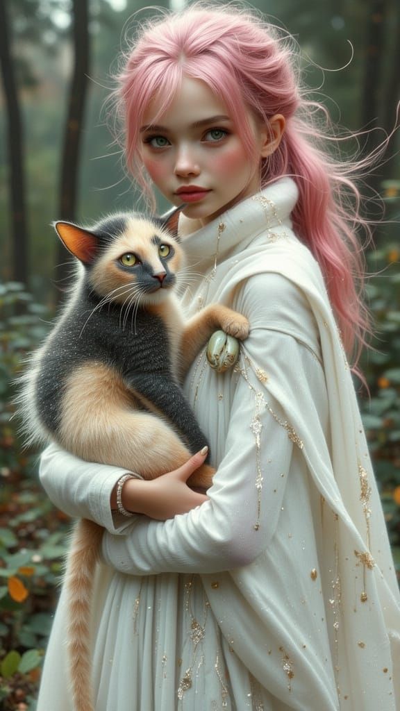 Enchanting Otherworldly Woman with Pink Hair and Fantasy Com...