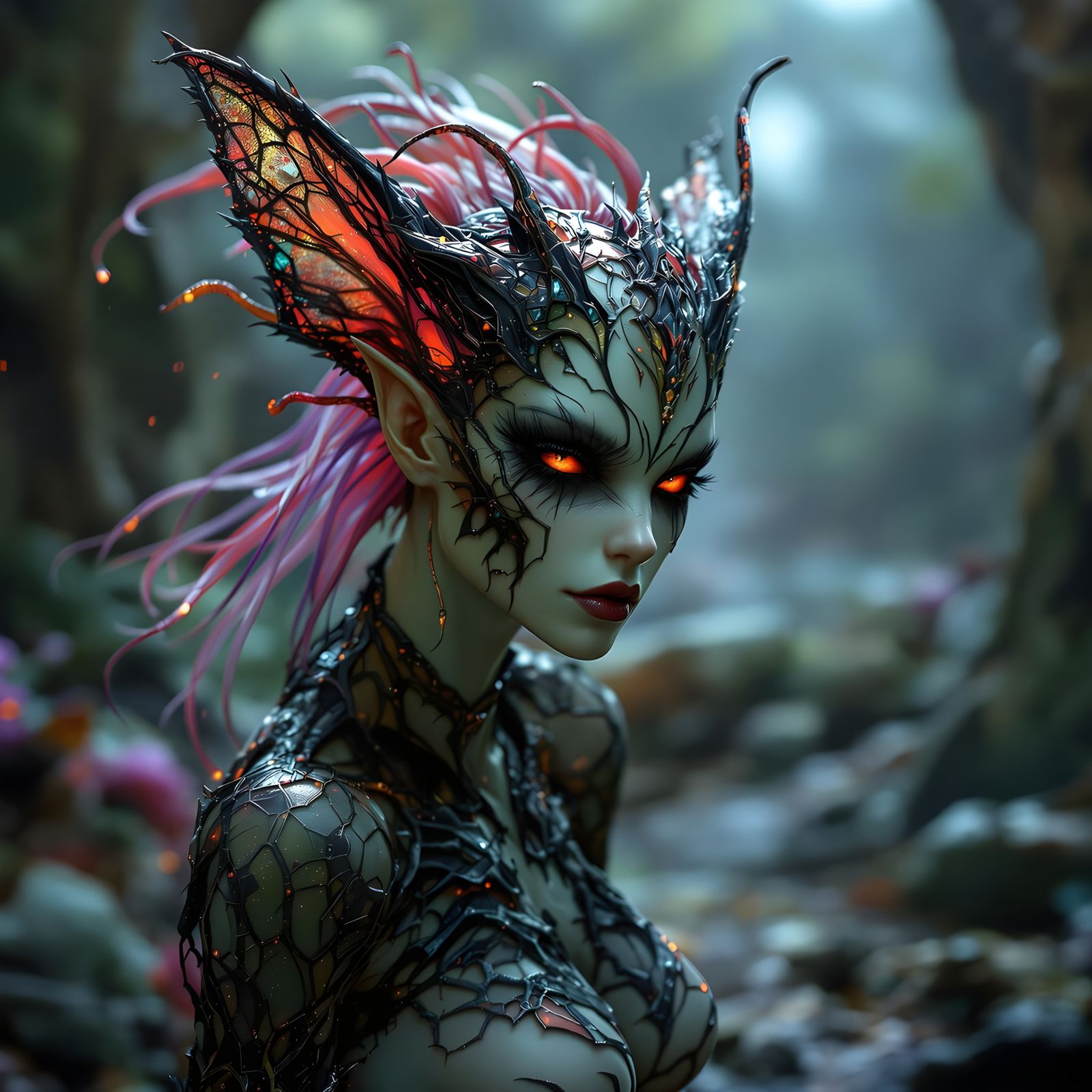 Hyperrealistic Poison Pixie in Dark Fantasy Environment