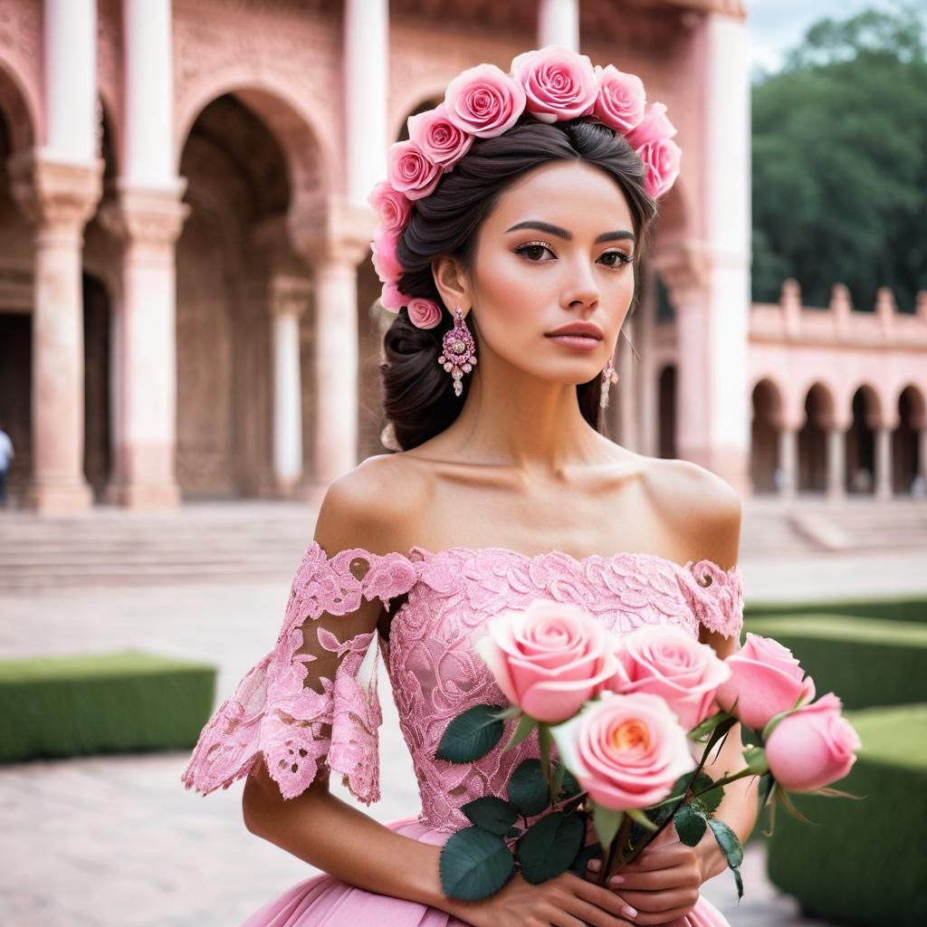 Beautiful Mexican Girl in Traditional Pink Gown
