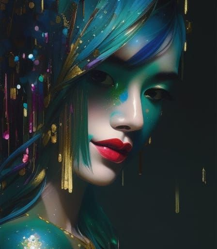 Glitter Goddess with Hibiscus in Japanese Calligraphy Style