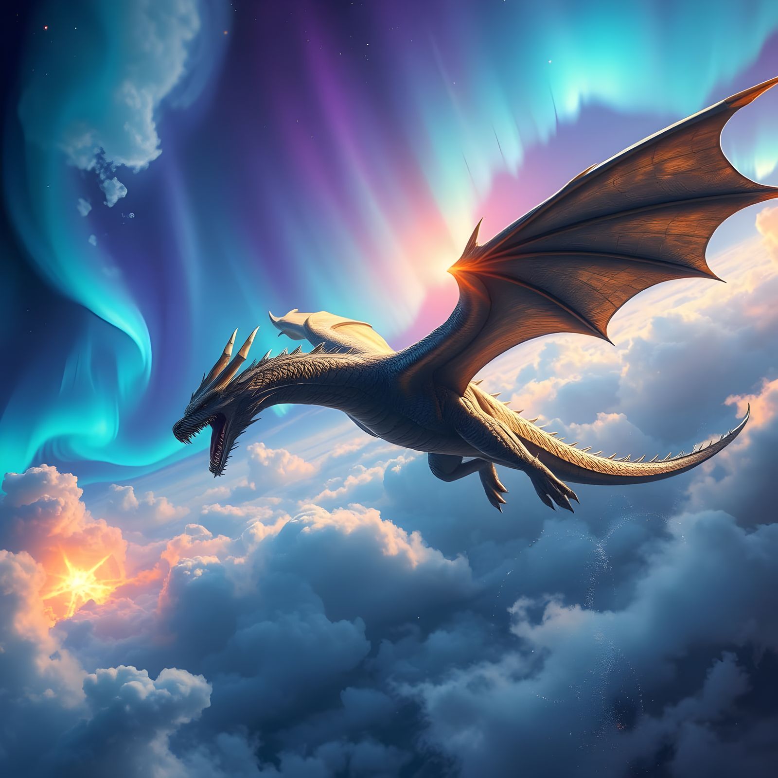 Fantastical Dragon Soars in Vibrant Matte Painting