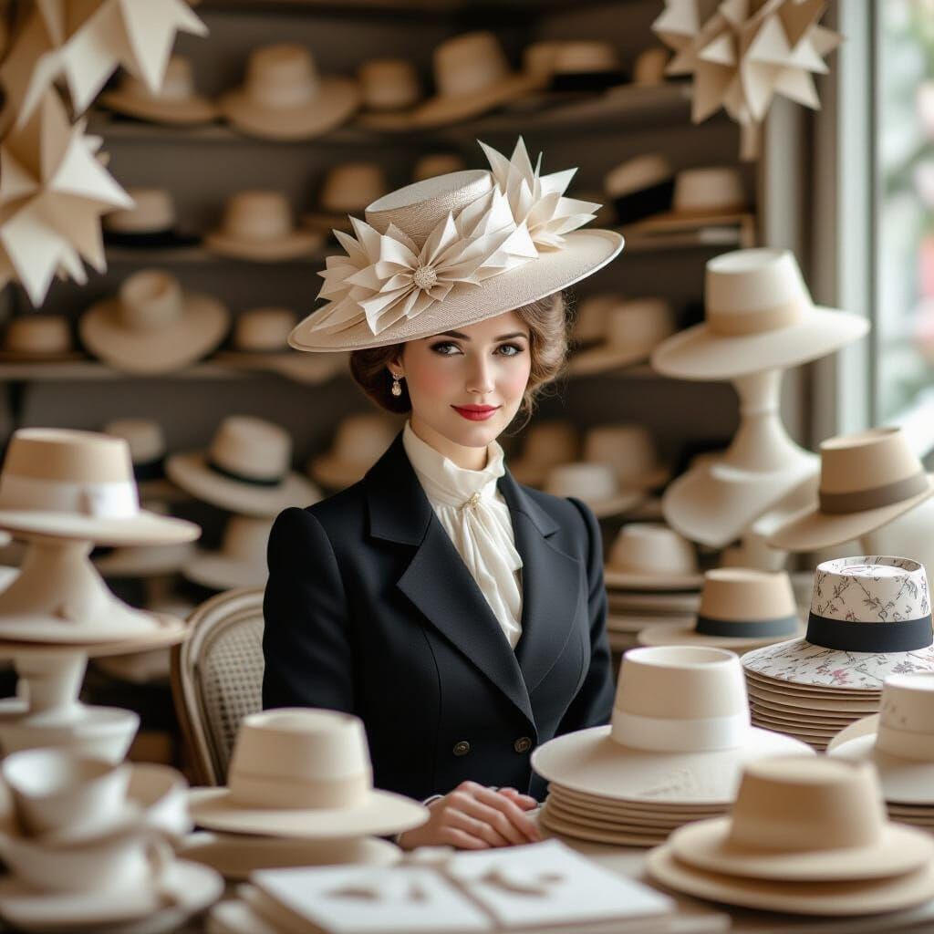 Elegant Woman in Paris Hat Boutique
