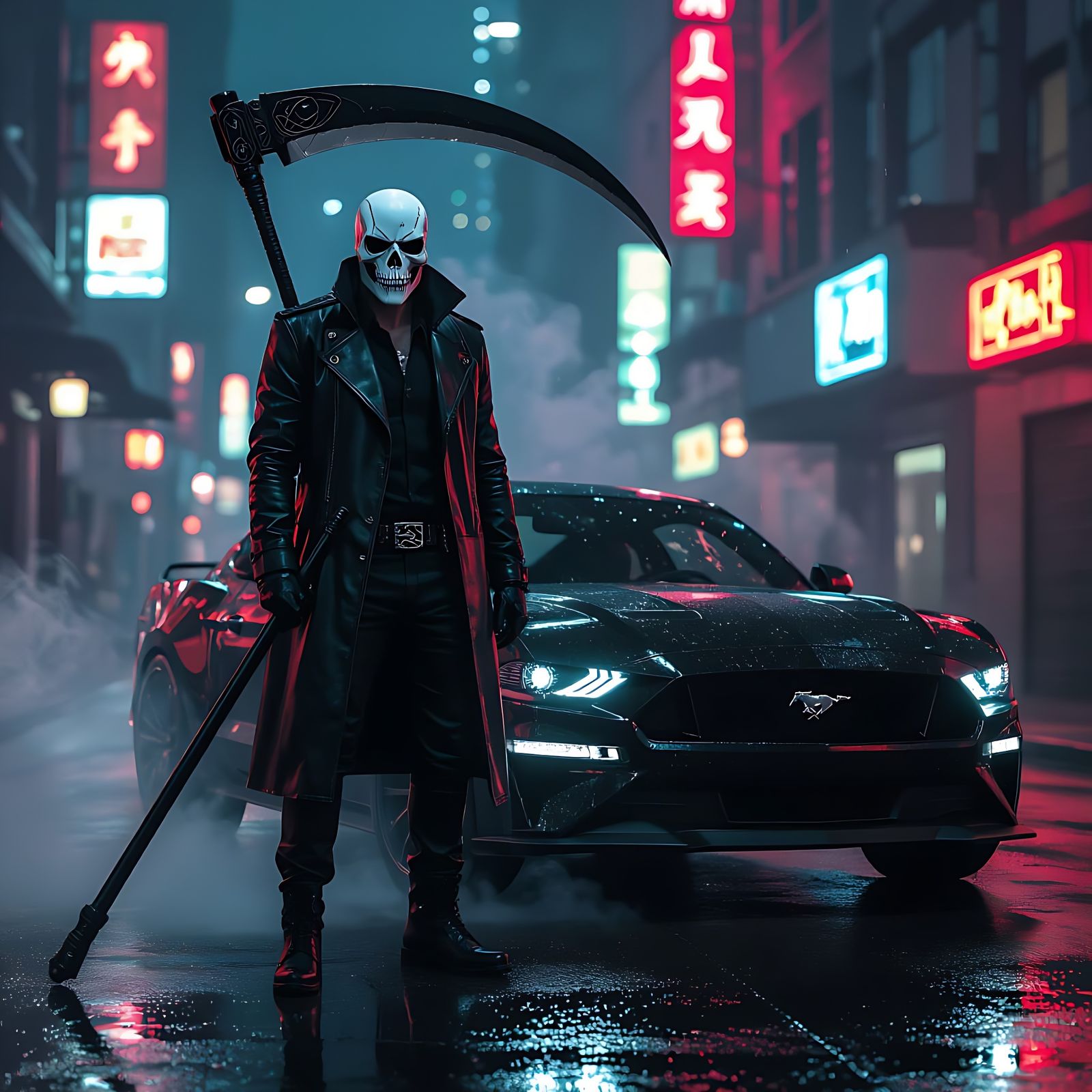 Mysterious Figure with Scythe Beside Black Mustang