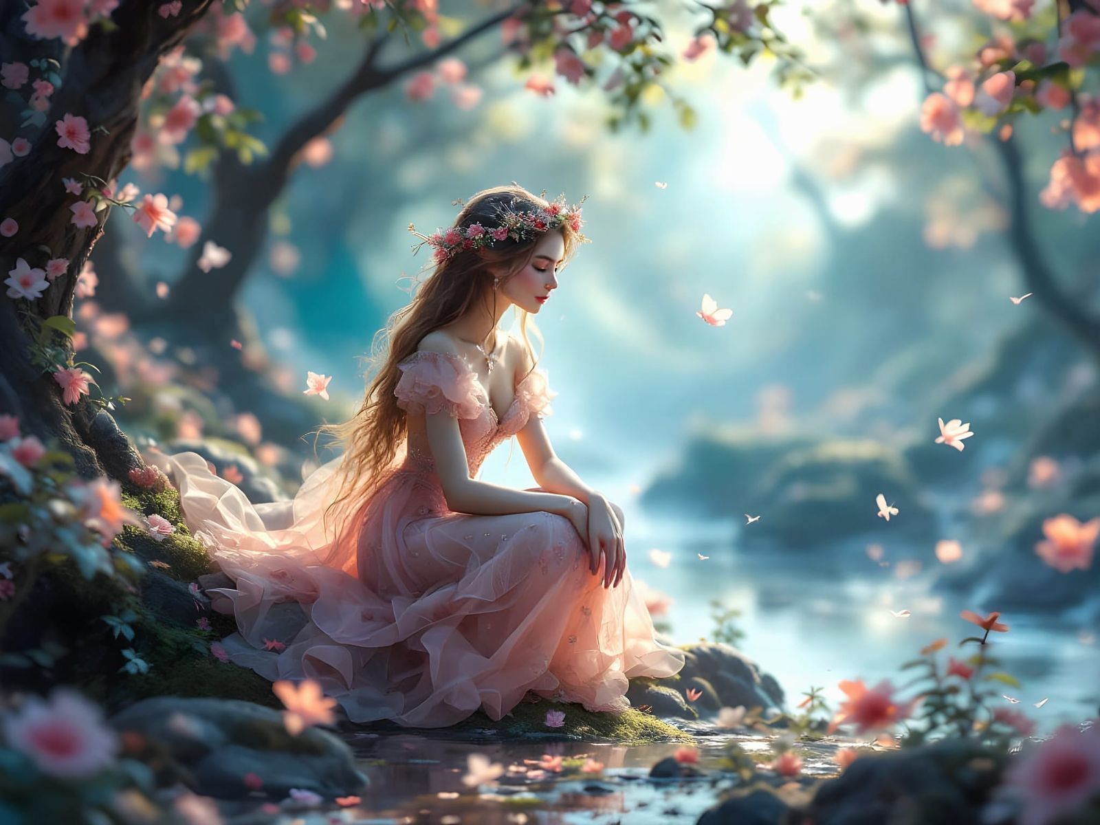 Spring girl, dress of the first spring flowers,