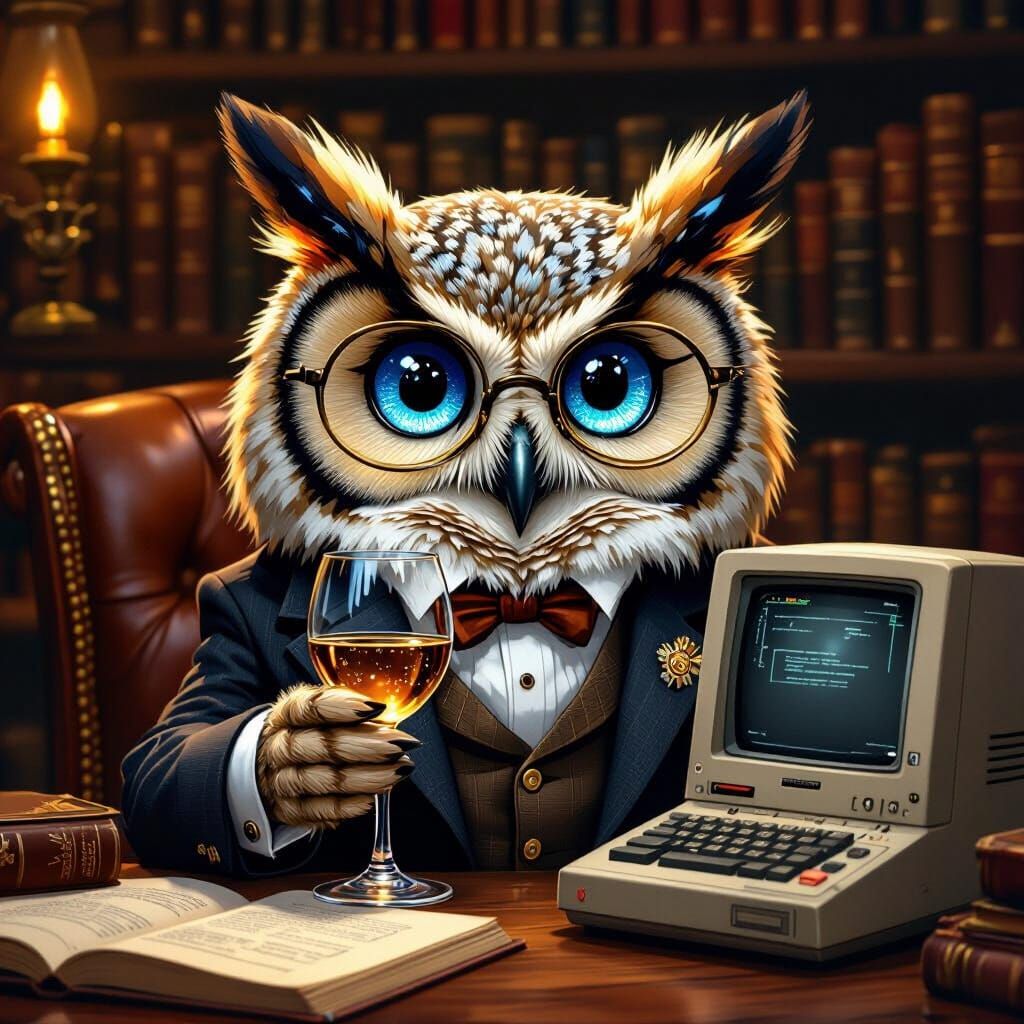 Sophisticated Owl with Wine in Cozy Library Setting