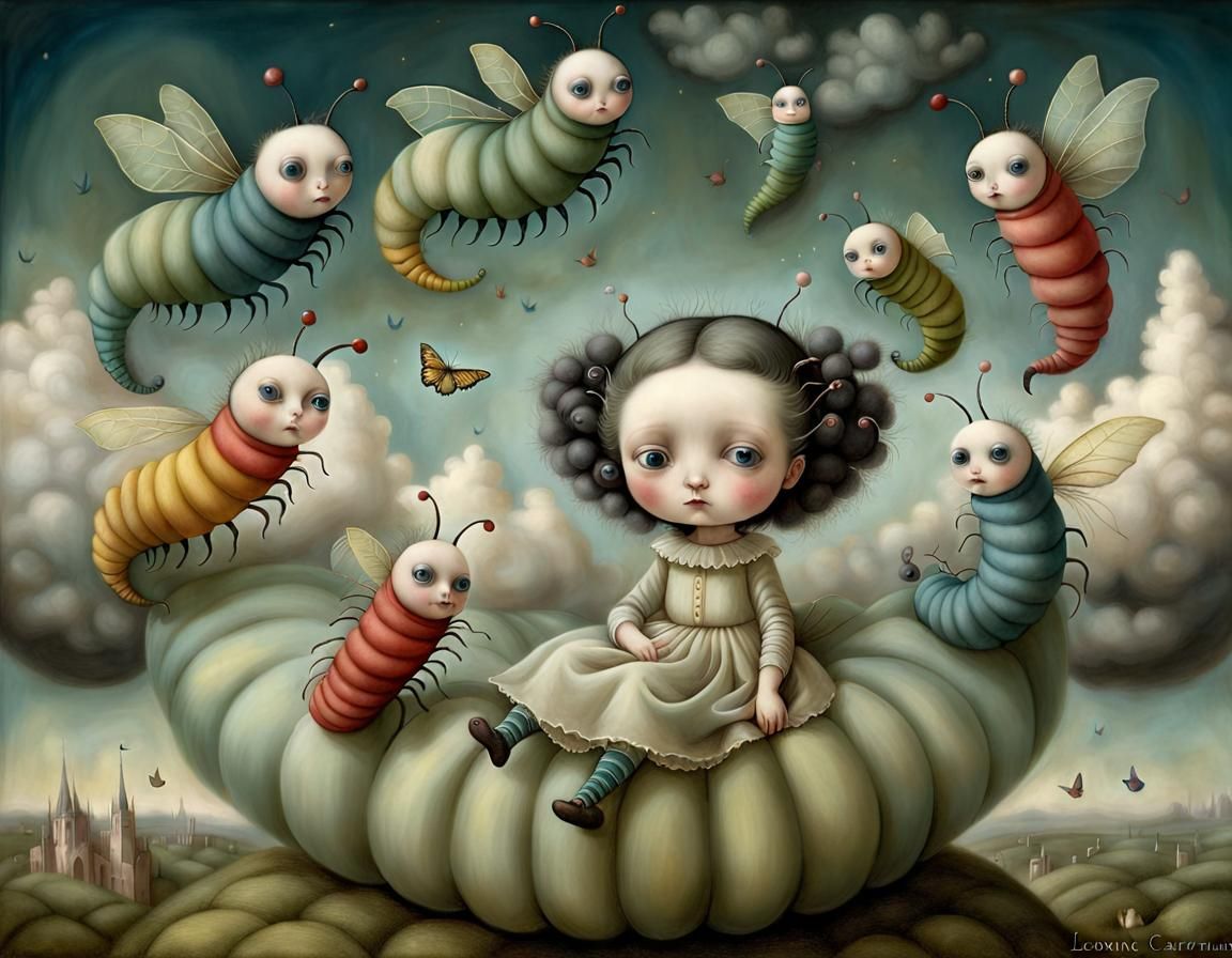 Caterpillars Climb Clouds in Surreal Style