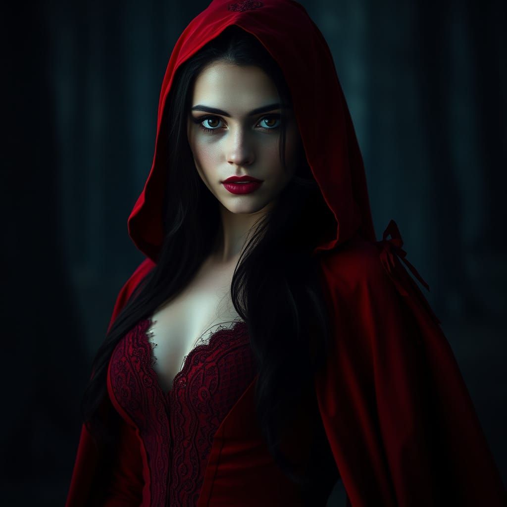 Gothic Little Red Riding Hood in Crimson Velvet and Ruby Lip...