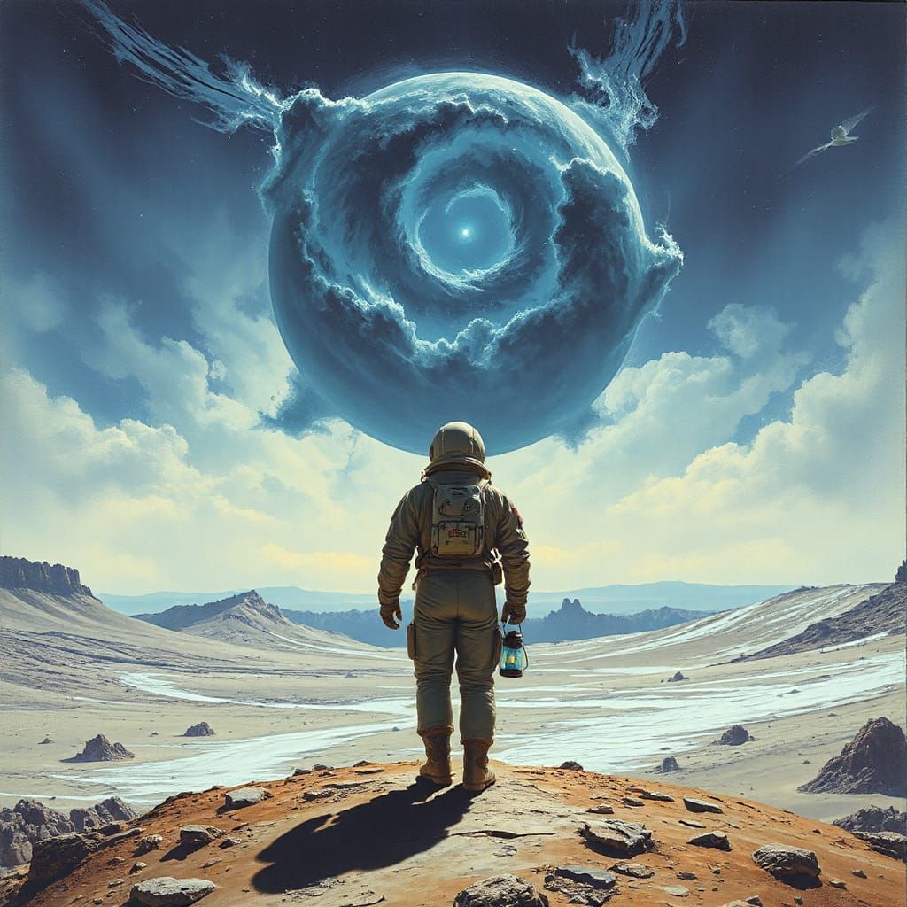 Astronaut Gazing at Nebula on Alien Planet