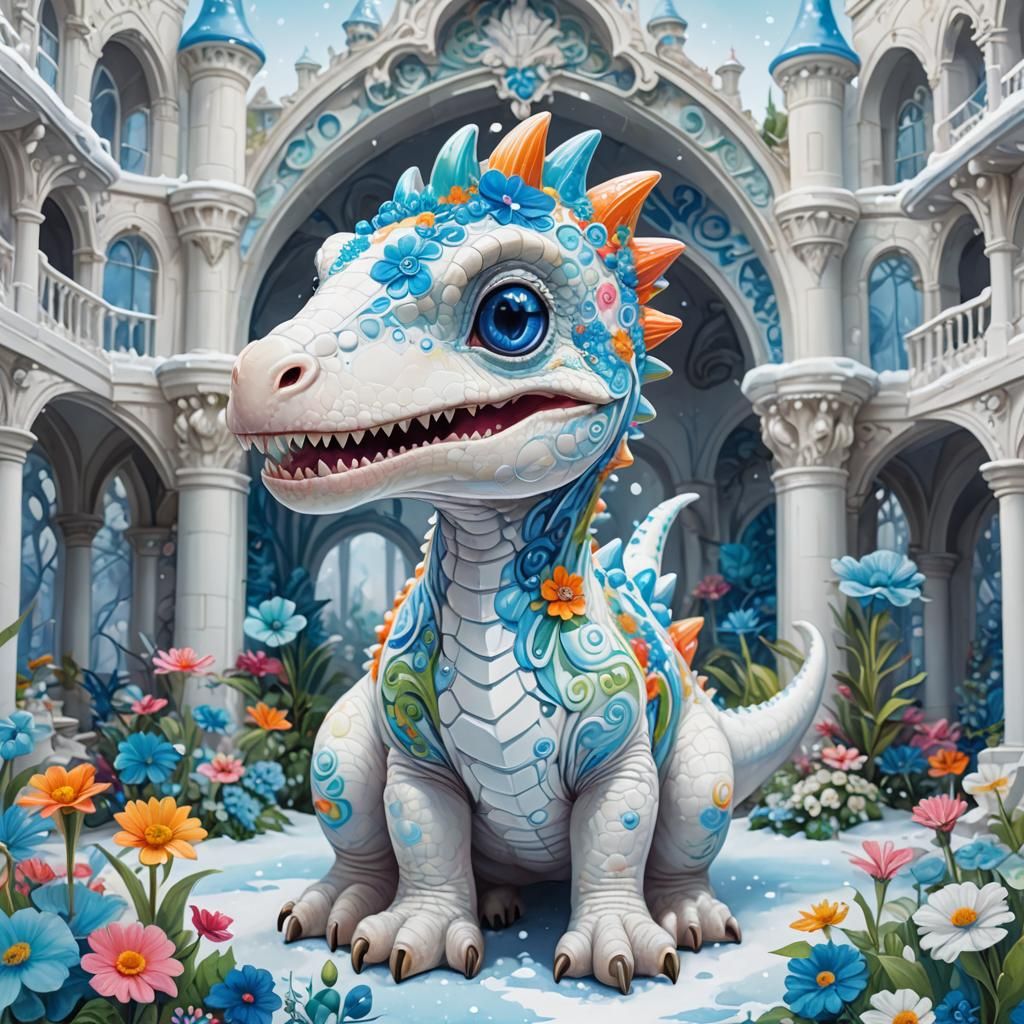 Baby Dinosaur in Glass Castle, Gouache Art