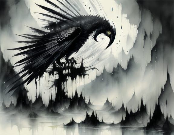 Surreal Ink Raven in Flight, Dark Fantasy Style