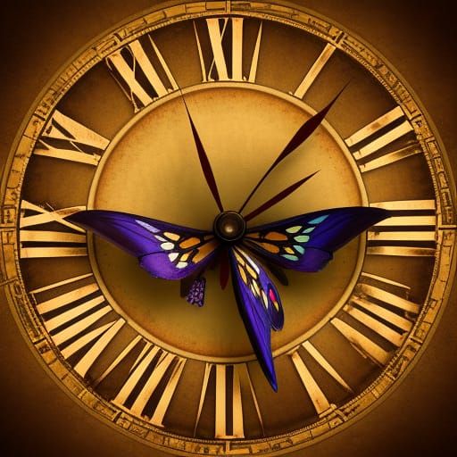 Fantastical Butterfly on Clock, Detailed Matte Painting