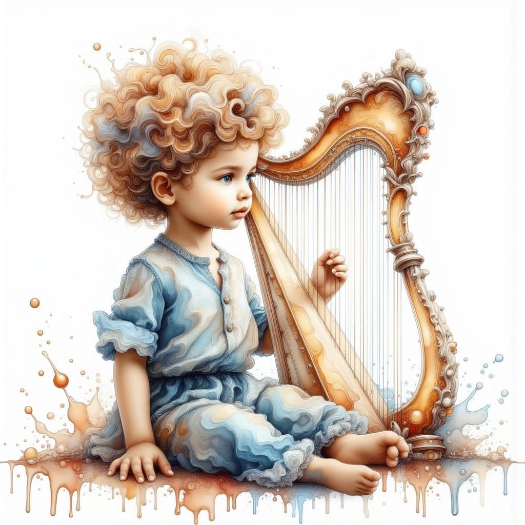 Boy Plays Crystal Harp in Watercolor Style
