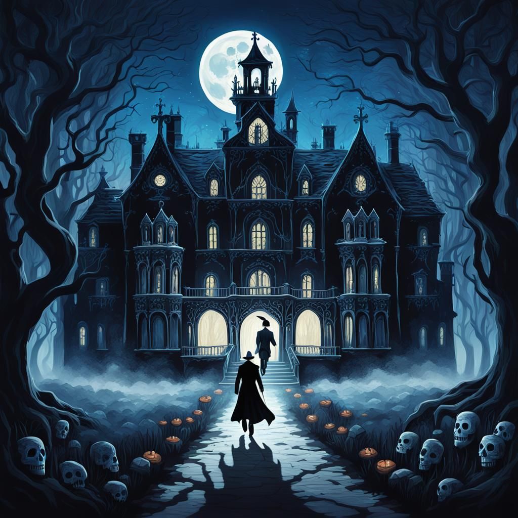 Gothic Manor in Dark Forest with Moonlit Glow