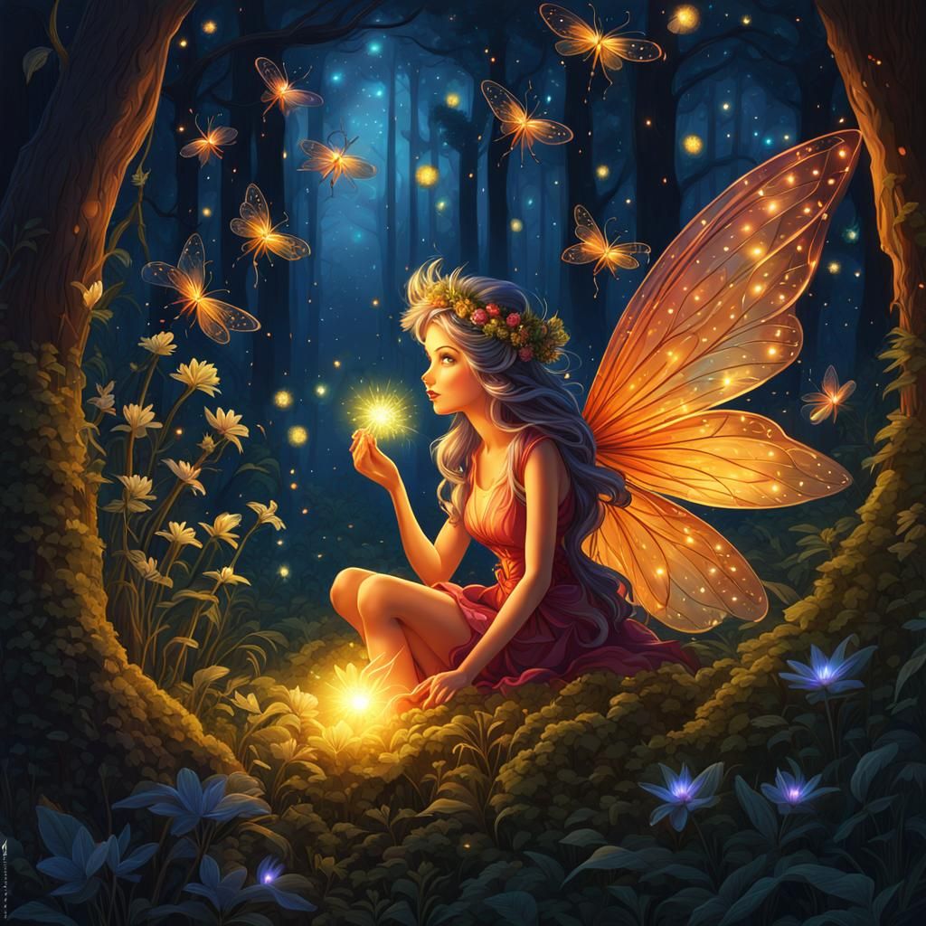 Fairy and Fireflies: Intricate Digital Art in Warm Colors