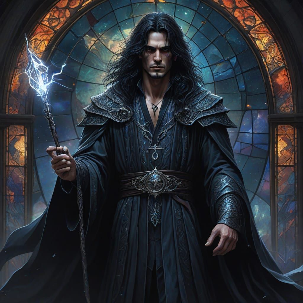 Mystical Wizard in Stained Glass Style