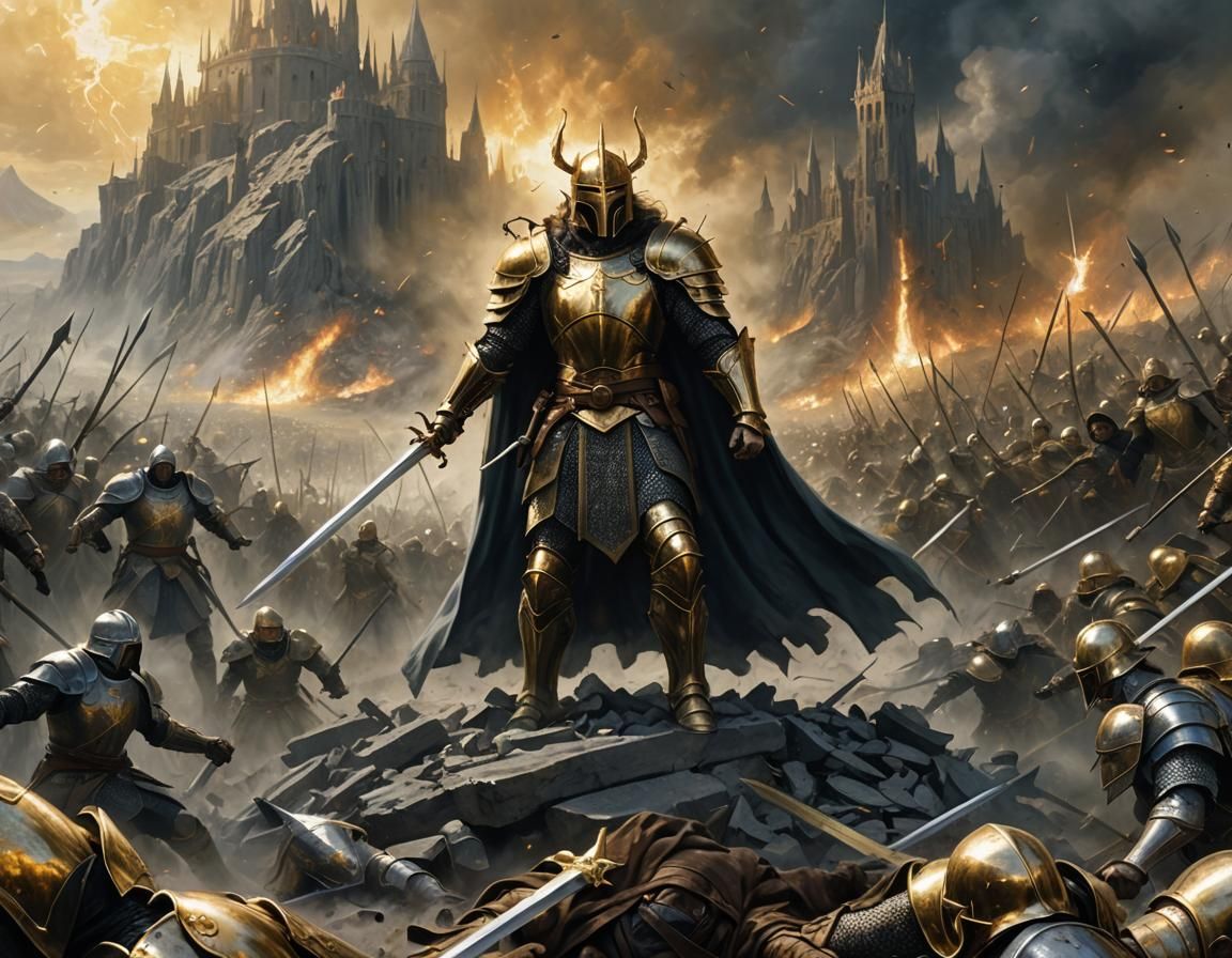 Heroic King Amidst Fallen on Battlefield, Dramatic Lighting