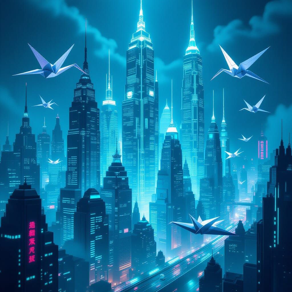 Origami Metropolis in Neon Glow