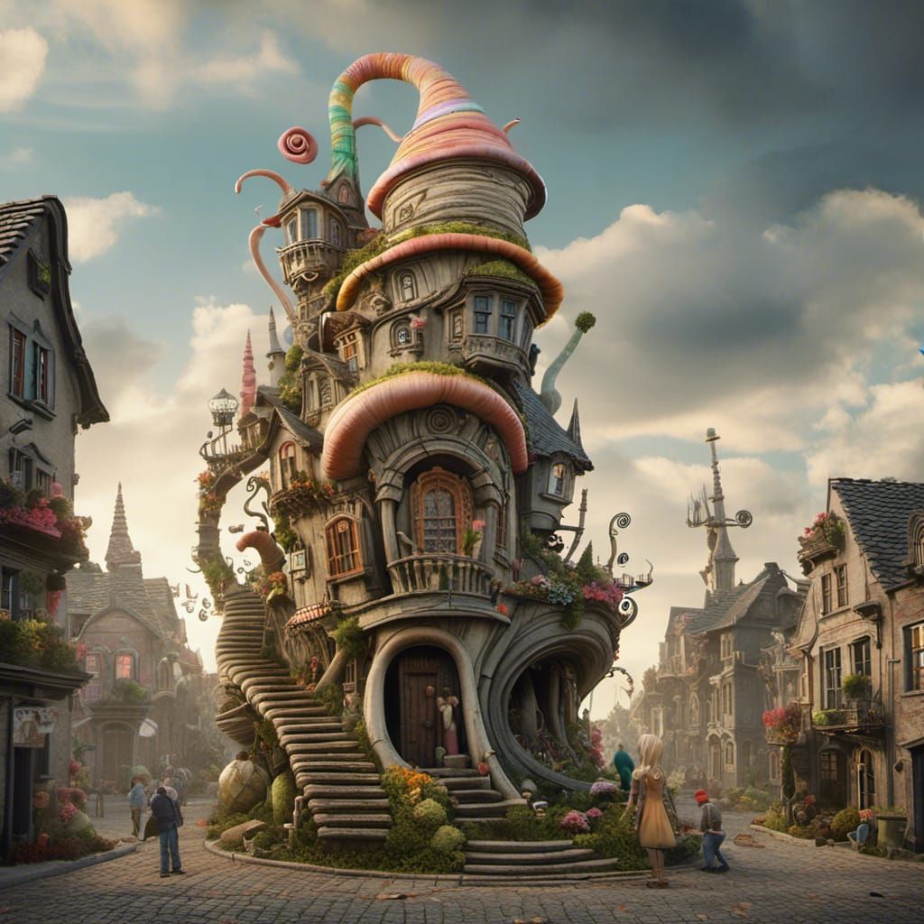 Whimsical Snail in a Village of Wonky Houses