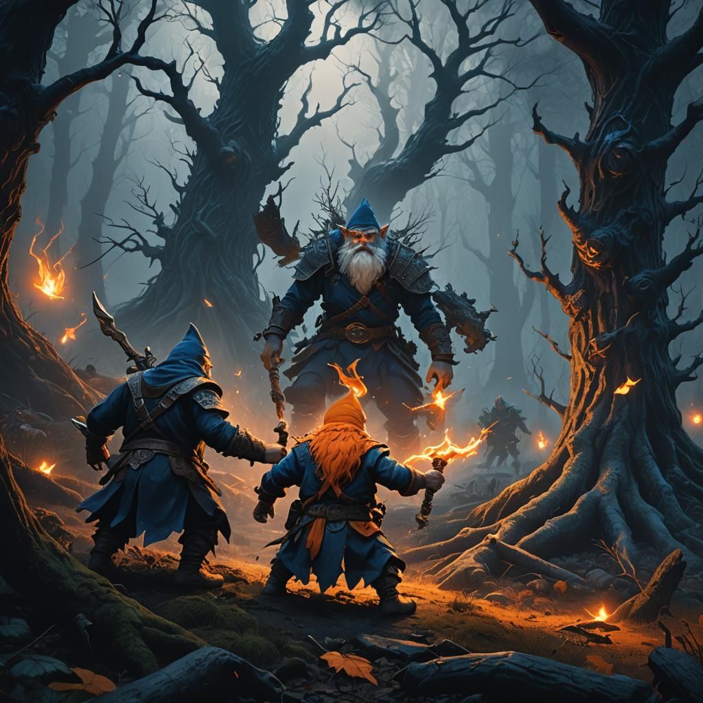 Gnome Fighter vs Dwarven Mage in Dark Fantasy Style
