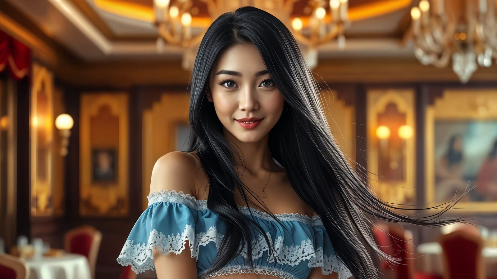 Beautiful Korean Woman in Ballroom: Digital Art