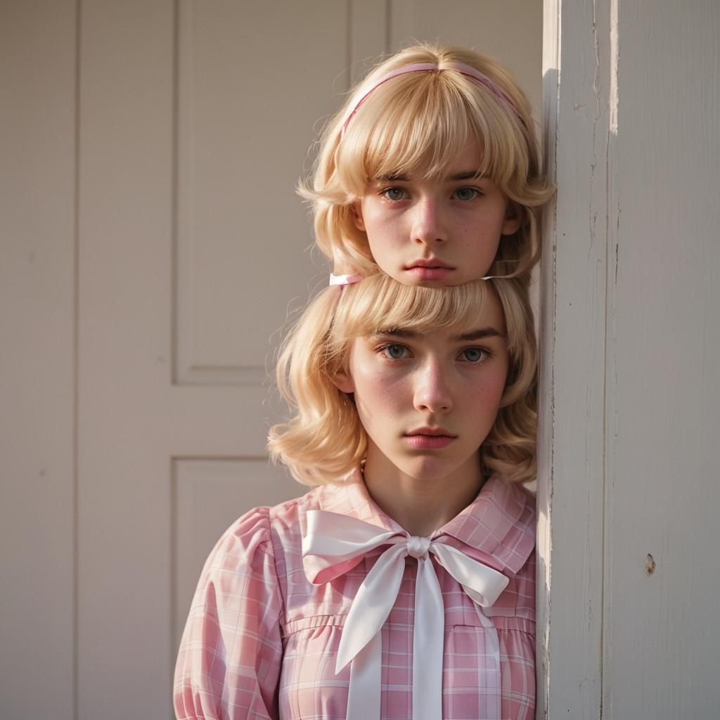 Teen in Babydoll Dress Hiding Behind Door