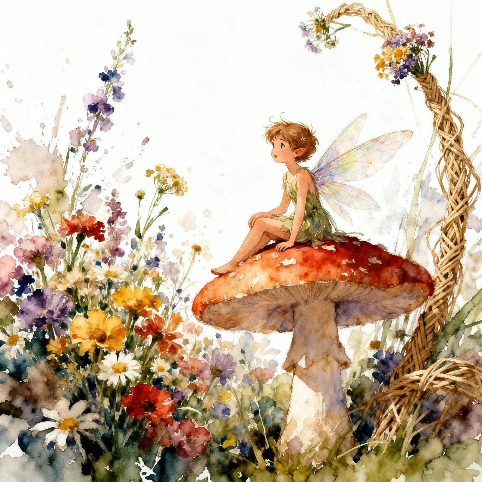 Playful Fairy on Mushroom in Vibrant Fairytale