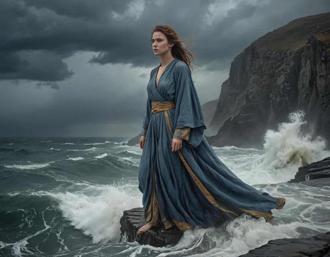 Cliffside Resolve: Woman Gazing at Stormy Sea, in Waterhouse...