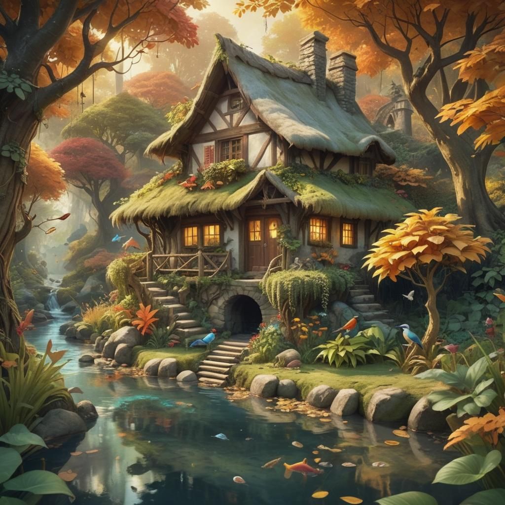Jungle Cottage Fantasy Art in Autumn Foliage