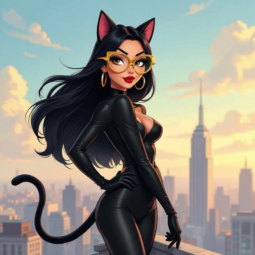 Colombian Catwoman on Skyscraper Roof in Looney Tunes Style